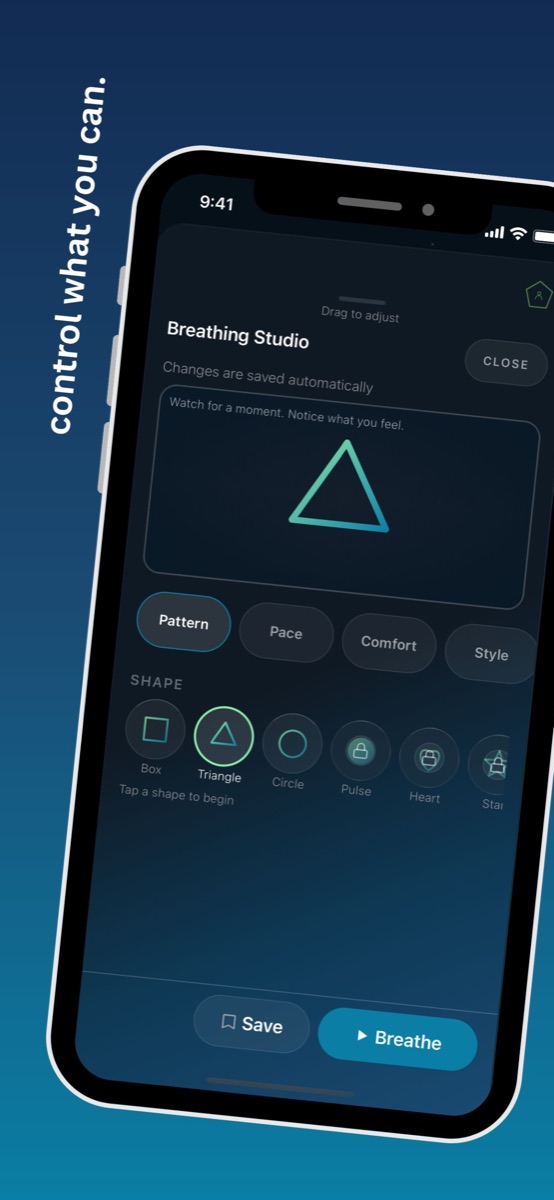The Breathing Studio: a triangle shape with Pattern, Pace, Comfort and Style controls, and a Breathe button.