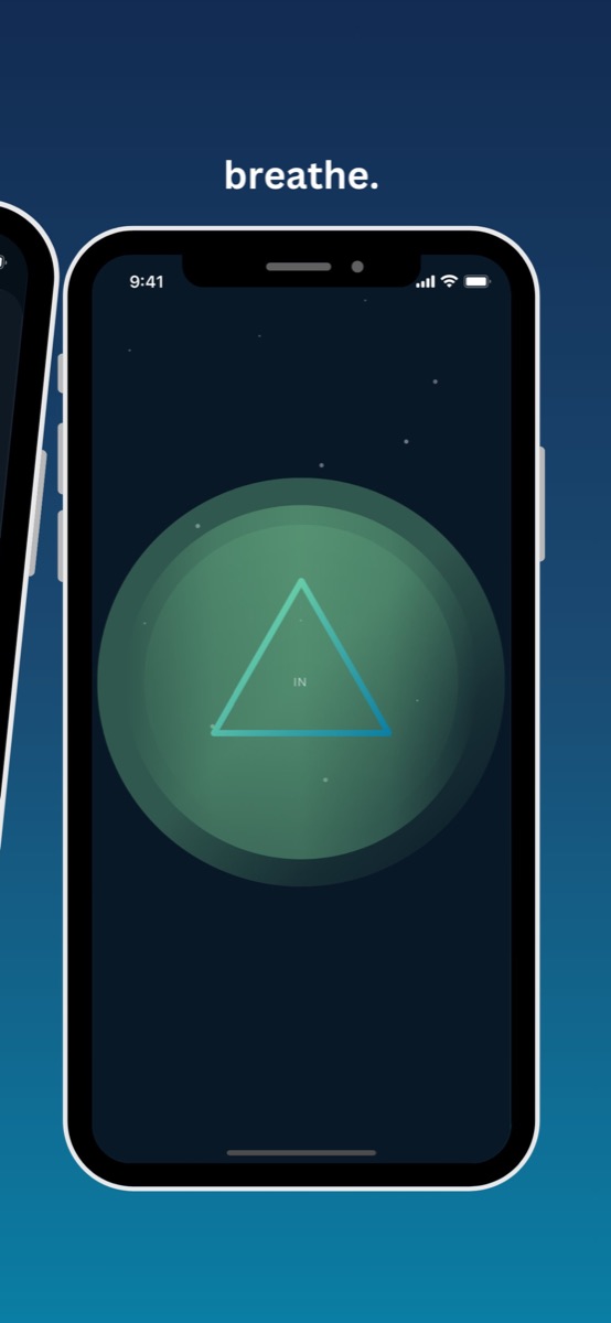 A breathing session: a triangle drawing itself inside a soft green glow.